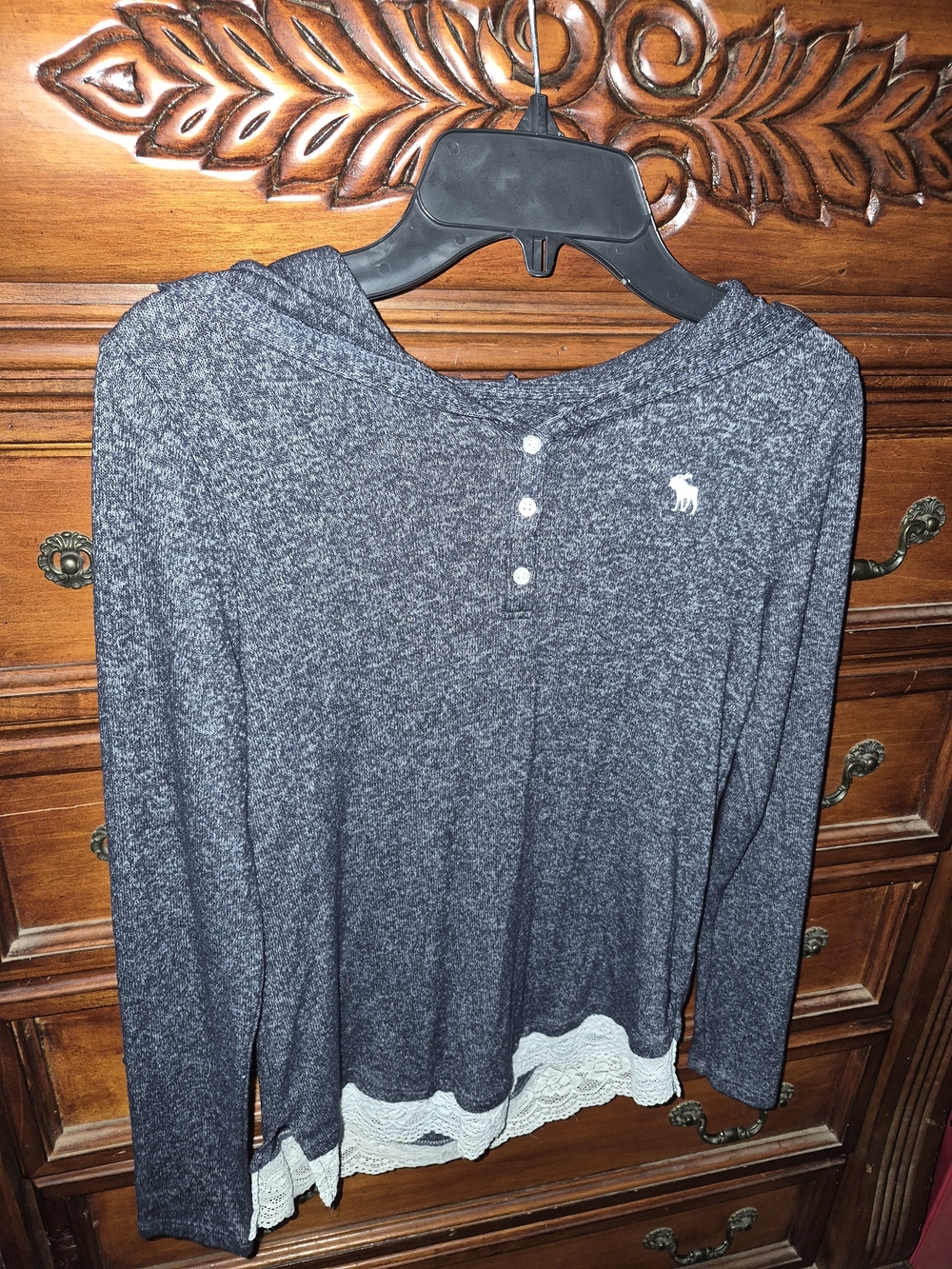 Abercrombie & Fitch Girls Gray Long-Sleeve Hoodie with Lace Hem